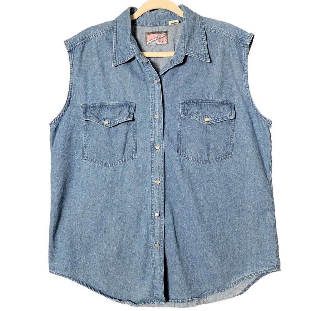 VTG Ranch and Town Panhandle Slim Womens Western Denim Sleeveless Shirt Large